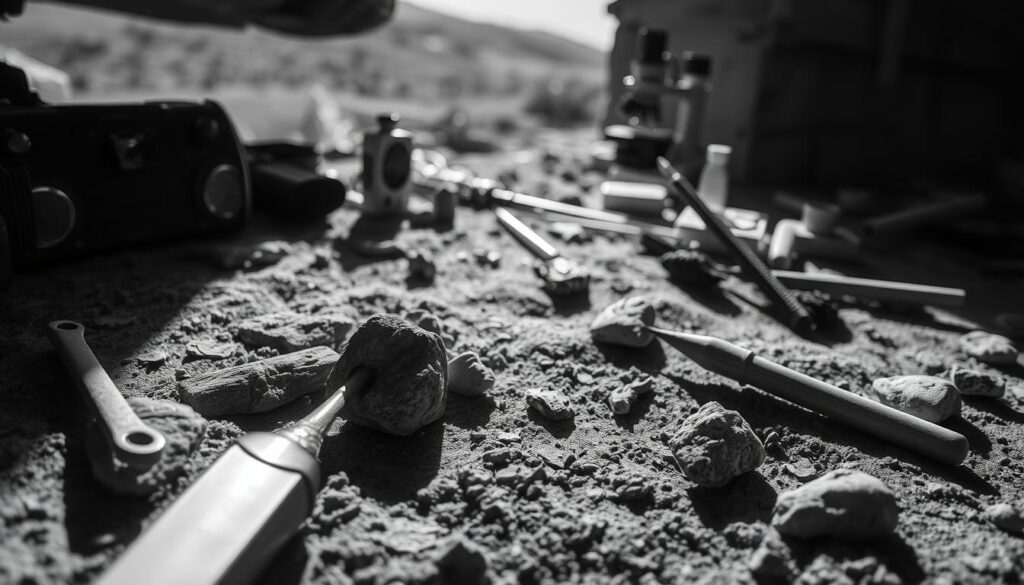 A meticulous archaeological site, illuminated by gentle light casting intricate shadows. In the foreground, delicate tools carefully unearth ancient artifacts, their surfaces textured and weathered by time. The middle ground reveals a range of scientific instruments - carbon dating equipment, microscopes, and precision scales - bearing witness to the process of meticulously determining the age of these finds. In the background, a softly blurred landscape suggests the history and context of the discovery. The image is rendered in a striking black and white palette, punctuated by subtle splashes of color that accentuate the nuances of the archaeological work.