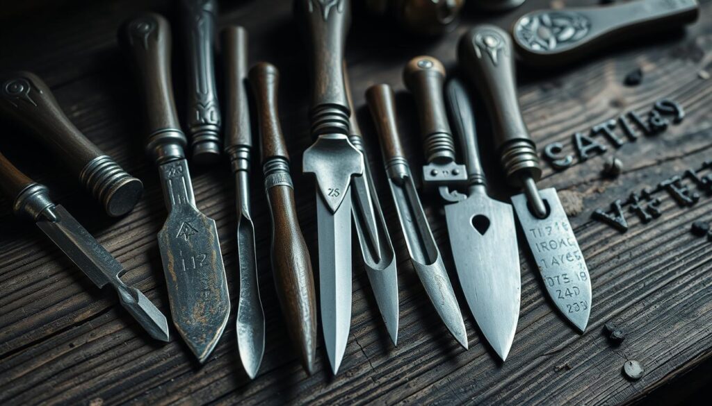 A meticulously crafted assortment of runic carving tools arranged on a weathered wooden surface. Tactile chisels, delicate styli, and sturdy knives in varying sizes, their steel surfaces gleaming with hints of silver and bronze. The scene is illuminated by a soft, diffused light, casting subtle shadows and highlighting the intricate textures of the materials. The overall mood is one of reverence and historical significance, reflecting the mysterious and ancient craft of runic inscription.