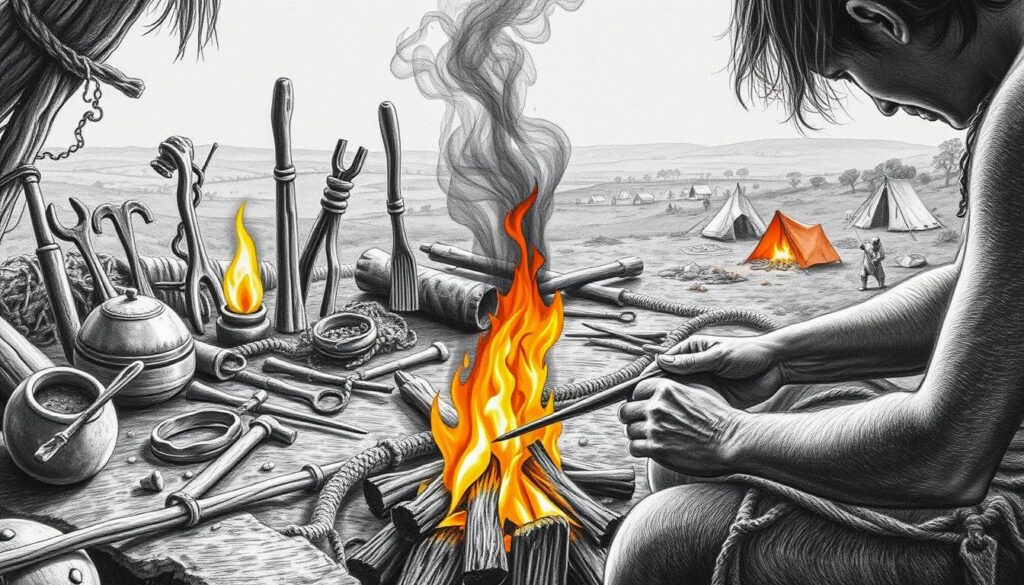A meticulously crafted scene depicting the technological evolution of fire-making, rendered in a striking black-and-white palette with selective color accents. In the foreground, a skilled artisan carefully tends to a primitive fire, their hands delicately manipulating the materials. In the middle ground, various tools and techniques for fire-making are showcased, each with a distinct color highlight to denote their significance. The background reveals a panoramic view of a ancient encampment, the warm glow of the flames casting a soft, amber light across the scene. The composition emphasizes the precision, artistry, and ingenuity of the "Feuermeisterschaft" - the mastery of fire, a pivotal milestone in human history.