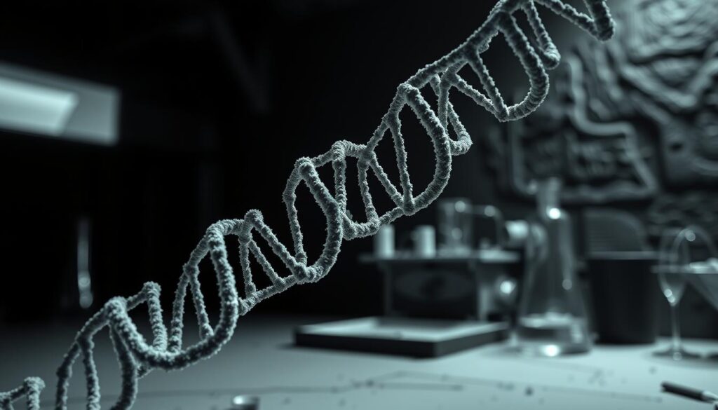 A meticulously detailed DNA analysis of ancient Egyptian mummies, rendered in a striking black and white palette with selective splashes of color. In the foreground, a close-up view of a delicate DNA strand, its intricate double helix structure illuminated against a dark backdrop. In the middle ground, a laboratory setting comes into focus, with scientific instruments and glassware hinting at the rigorous research process. The background features a subtly textured, almost archaeological-inspired environment, evoking the rich history and mysteries of the Pharaohs. Dramatic lighting casts dramatic shadows, creating a sense of scientific inquiry and profound discovery. This image perfectly captures the groundbreaking research of the Max Planck Institute, unveiling the secrets of the Old Kingdom through cutting-edge genetic analysis.