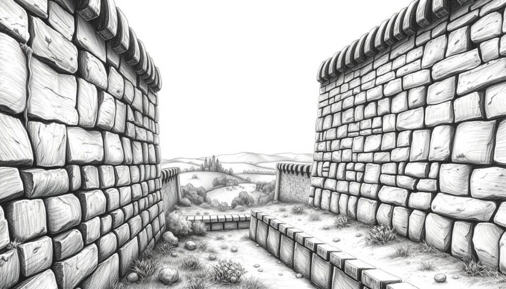 A meticulously detailed black and white illustration depicting the Beusterburg Wall-Graben-Anlage archaeological site, with subtle splashes of color highlighting key features. The ancient fortification's imposing earthen walls and defensive ditches dominate the foreground, their intricate textures and shadows conveying a sense of rugged permanence. In the middle ground, partially obscured by the fortifications, hints of the surrounding landscape emerge - rolling hills, lush vegetation, and the distant silhouettes of ancient trees. The overall mood is one of scholarly contemplation, inviting the viewer to ponder the secrets and mysteries of this jungsteinzeitliche Erdwerk, a testament to the ingenuity and engineering prowess of its long-vanished builders.