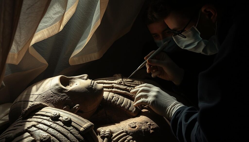 A meticulously detailed examination of a mummified body, revealing the hidden secrets of ancient Egyptian ailments. Wisps of soot-tinged gauze unfurl across the dimly lit chamber, casting spectral shadows upon the weathered, chalky features of the deceased. Scalpels glint with surgical precision as a team of researchers delicately pore over the remains, their gazes intent, searching for clues etched into the very bones. Faint hints of ochre and indigo punctuate the otherwise monochromatic scene, hinting at the rich tapestry of medical knowledge buried within this archaeological treasure trove. Rendered in striking chiaroscuro, this image invites the viewer to bear witness to the painstaking process of unlocking the medical mysteries of a bygone era.