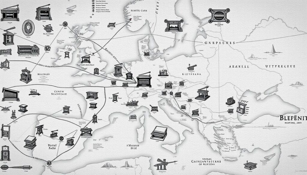 A meticulously detailed map of Europe, showcasing the widespread proliferation of printing presses across the continent. The foreground depicts intricate illustrations of various printing press models, each rendered in precise monochrome with subtle pops of color highlighting key mechanical components. The middle ground features a network of trade routes, represented by delicate line work, connecting the major printing hubs throughout Europe. In the background, a shaded topographical landscape provides context, emphasizing the geographical expanse of the printing revolution. The overall aesthetic evokes the aesthetics of early cartography and technical diagrams, conveying a sense of historical significance and scientific documentation.