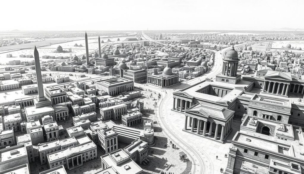 A meticulously planned cityscape unfolds, as the ancient city of Alexandria rises from the sands of Egypt. Towering obelisks and grand columned structures cast long shadows, their intricate details rendered in striking monochrome. Winding streets lead the eye through the urban landscape, punctuated by splashes of color - a gleaming bronze statue, a vibrant mosaic tile. Sweeping vistas reveal the city's strategic placement, nestled between desert and sea, a testament to the visionary mind of Alexander the Great. Precise architectural drafts and surveys fill the frame, hinting at the meticulous planning that shaped this New World metropolis. A sense of timeless grandeur pervades the scene, as this renowned center of Hellenistic culture takes shape, poised to leave an indelible mark on the course of history.
