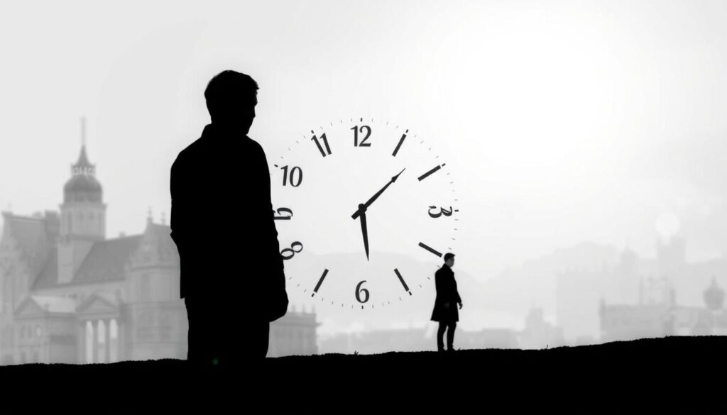 A meticulously rendered digital illustration depicting a serene, monochromatic scene. In the foreground, a lone figure stands in contemplative pose, their silhouette sharply defined against a luminous, sunlit backdrop. The middle ground features an abstract representation of a clock face, its hands subtly pointing to the auspicious time of 11:11, symbolizing a moment of profound personal significance. The background is filled with a softly blurred, architectural landscape, conveying a sense of calm and focus. The overall composition is imbued with a sense of introspection and personal growth, captured through the strategic use of high-contrast blacks, whites, and muted, intentional pops of color.