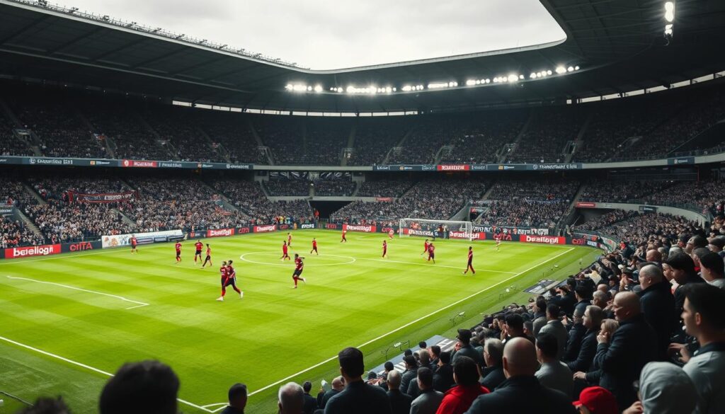 A mid-afternoon match at a packed Bundesliga stadium. The players take the field, their jerseys a blur of colors against the green pitch. In the stands, fans wave banners and cheer, their roar echoing through the air. On the sidelines, coaches and staff study the game, their expressions intense as they analyze the early action. The camera pans across the scene, capturing the energy and drama of the first half. Highlights pop with vibrant hues against the muted tones, drawing the eye to the critical moments - a charging midfielder, a goalkeeper's outstretched arm, the ball arcing towards the net. This is the Bundesliga erste Halbzeit, a clash of skill and strategy, unfolding in stark monochrome punctuated by splashes of color.