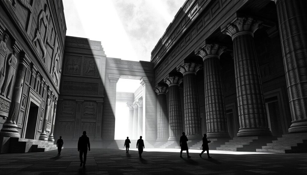 A monumental stone structure stands tall, its intricate carvings and imposing silhouette casting a powerful presence. Shadowy figures move through the dimly lit halls, their footsteps echoing against the ancient walls. Shafts of light pierce the gloom, illuminating the detailed reliefs that adorn the columns and archways. The overall scene conveys a sense of the Assyrian Empire's grandeur, its military might, and the enduring legacy of a civilization that once dominated the ancient Near East. The image is rendered in a striking black and white palette, with subtle bursts of color highlighting key architectural elements or symbolic details.