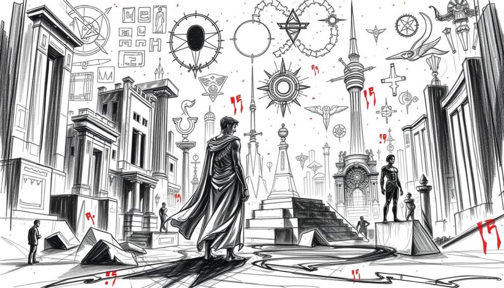 A mythological landscape in modern form, sketched in shades of black and white with splashes of color. In the foreground, a figure of heroic stature stands, clad in a flowing, ethereal garment, their gaze fixed upon the viewer. Behind them, a tapestry of ancient symbols and iconography unfolds, intertwined with the architecture of the modern world. Towering columns, geometric structures, and abstract shapes create a dreamlike, surreal environment, hinting at the timeless wisdom and power of the mythological realm. The lighting is dramatic, casting deep shadows and highlighting the interplay of light and shadow. The overall composition conveys a sense of timelessness, where the legends of the past and the present converge, inviting the viewer to explore the enduring legacy of ancient myths.