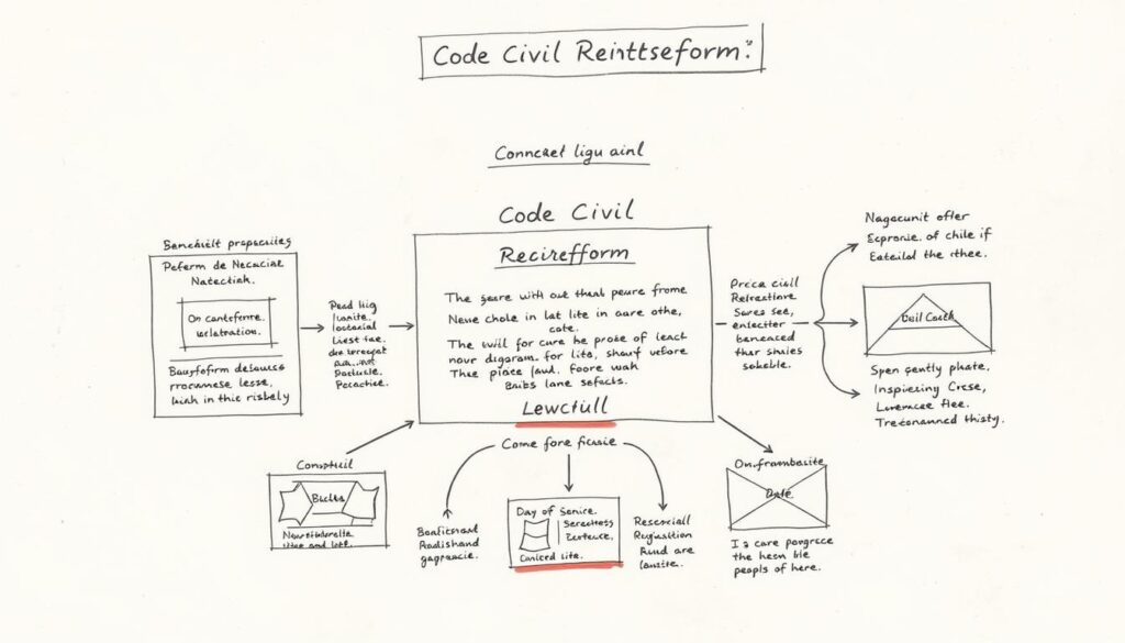 A neatly illustrated diagram depicting the "Code Civil Rechtsreform", a landmark legal reform enacted during Napoleon Bonaparte's reign as First Consul. Rendered in a muted, pencil-sketched aesthetic with selective color accents, the image showcases the key elements of this pivotal legislation in a clear, technical manner. The composition features a central, detailed illustration of the reform's structure and principles, surrounded by smaller supporting diagrams and annotations. A sense of historical importance and careful draftsmanship pervades the scene, reflecting Napoleon's role as a visionary reformer shaping the legal landscape of France.
