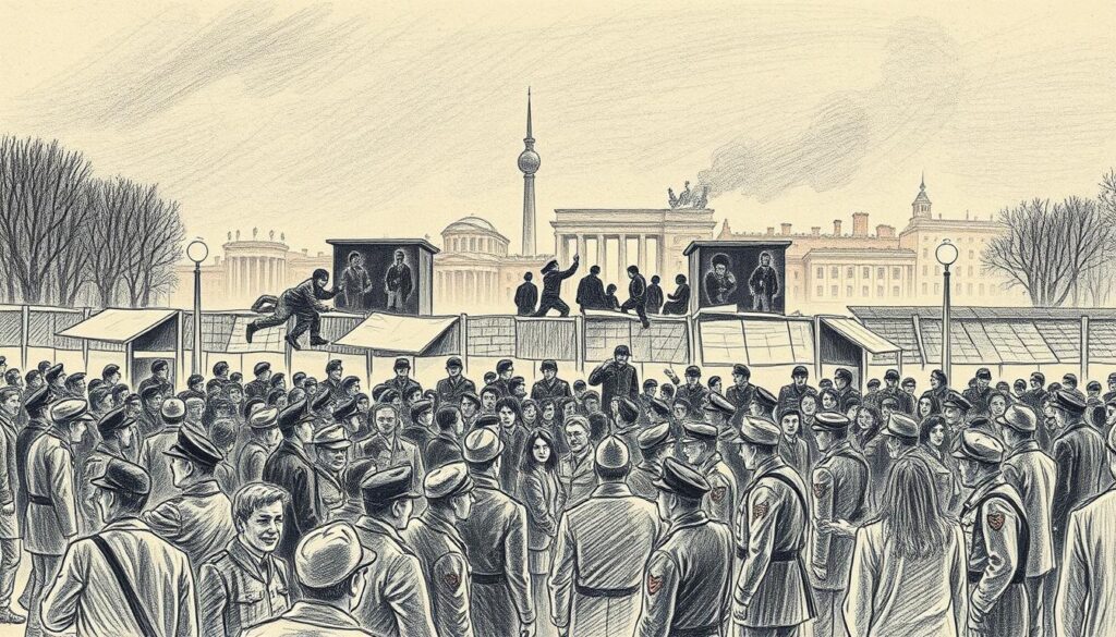 A night in November, the Berlin Wall crumbling as crowds gather, their faces lit by the glow of street lamps. In the foreground, figures clamber over the barrier, their movements frozen in time. The middle ground reveals the iconic silhouettes of East and West German soldiers, their uniforms fading into the shadows. In the distance, the city skyline stands as a testament to a divided past, now bathed in a hazy, sepia-toned light. The scene conveys a sense of jubilation and liberation, captured in a stark, pencil-sketch style with strategic pops of color highlighting the momentous event.