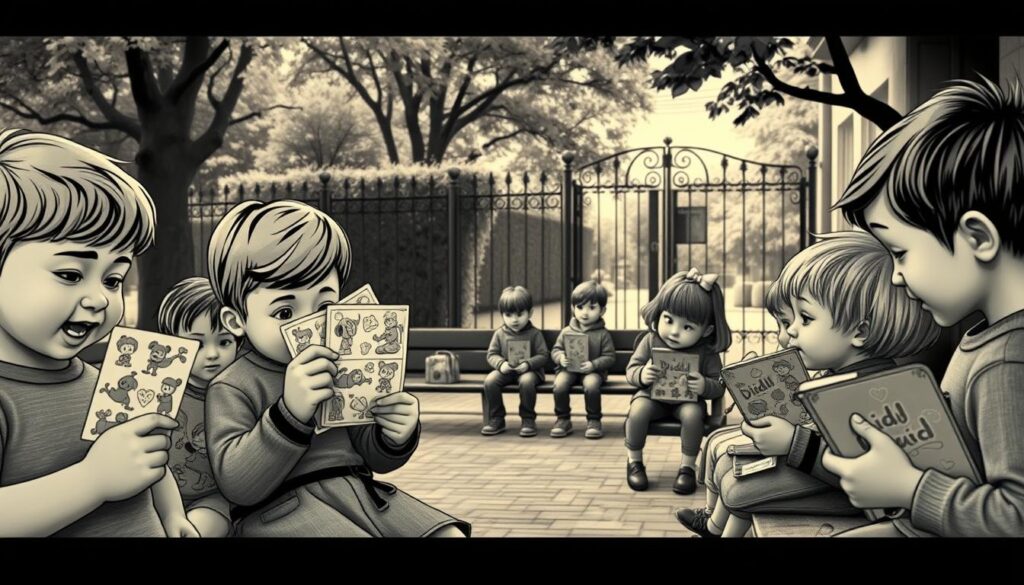 A nostalgic schoolyard scene, rendered in black, white, and muted accents. The foreground features a group of children excitedly trading sticker sheets, their faces animated with the joy of collecting and exchanging their beloved Diddl-Maus memorabilia. In the middle ground, students sit on benches, their hands filled with vibrant Diddl-themed notebooks and pencil cases. The background depicts the schoolyard, with lush trees and a wrought-iron gate, hinting at the lasting appeal and timeless nature of this cherished cartoon character. The lighting is soft and diffused, casting a warm, almost sepia-toned glow over the scene, evoking the golden era of Diddl's enduring popularity.