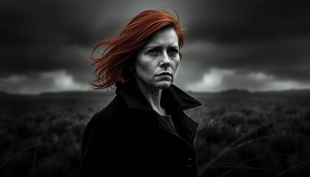A pensive Insa Scherzinger stands amidst a moody, windswept landscape of Friesland, her return to the beloved Krimi series marked by a somber, introspective gaze. The scene is rendered in a striking black and white palette, save for subtle pops of color - the glint of her auburn hair, the muted sheen of her coat, the hint of an unseen detail. The lighting is dramatic, casting deep shadows and highlighting the brooding atmosphere, as if the very air carries the weight of the story's unfolding mystery. A sense of anticipation and foreboding permeates the composition, hinting at the gripping narrative to come.
