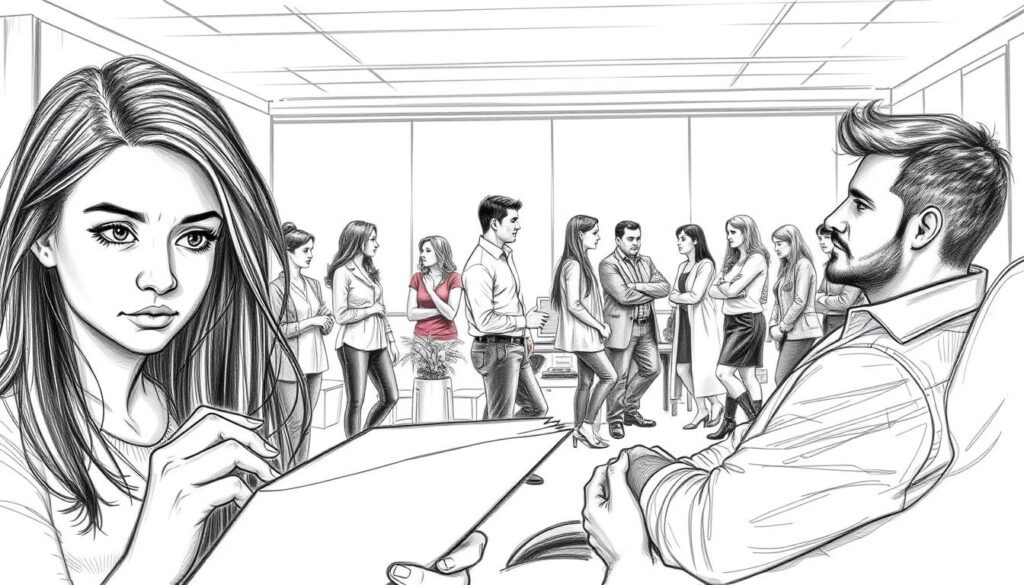A pensive group of Bachelor candidates, their expressions reflecting the weight of their career decisions. In the foreground, a young woman gazes intently at a stack of documents, her brow furrowed in contemplation. Beside her, a man leans back in his chair, fingers steepled, his gaze distant as he ponders his next steps. In the middle ground, a diverse array of candidates converse, their body language conveying the uncertainty and anticipation of this transitional phase. The background is a muted, monochromatic office setting, save for the occasional pop of color from a potted plant or a computer screen. The lighting is soft and diffused, creating a sense of introspection and focus. Rendered in a blend of pencil sketch and selective color accents, the scene captures the nuanced emotional landscape of these Bachelor candidates navigating their professional development.