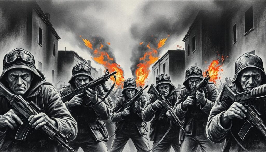 A poignant scene of European Partisan resistance during the tumultuous years of World War II. In the foreground, a group of determined fighters, their faces etched with determination, wielding rifles and explosives against the oppressive forces of occupation. The middle ground reveals a backdrop of bombed-out buildings and smoldering debris, a testament to the harsh realities they face. The dimly lit atmosphere, rendered in a striking black and white palette with subtle pops of color, conveys the somber mood and the high stakes of their struggle. Shadows and highlights sculpt the figures, emphasizing the gritty, graphic nature of this critical moment in history. This image captures the essence of the European Resistance, their unwavering spirit in the face of adversity.