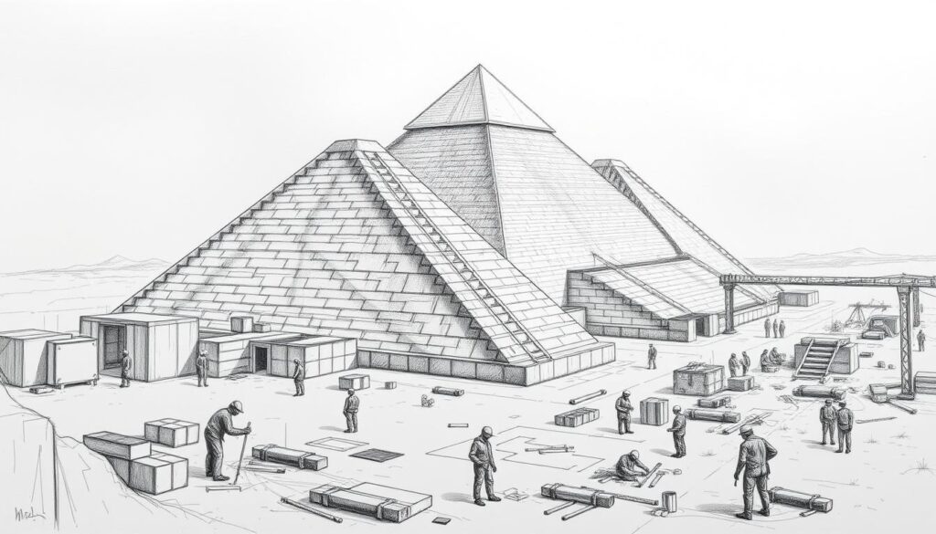 A precisionist's dream: an exquisitely detailed pyramid construction site, captured in a monochrome sketch with subtle splashes of color. Delicate lines trace the intricate geometry, revealing the meticulous planning and engineering behind this ancient marvel. In the foreground, workers meticulously measure and align each block, their movements frozen in time. The middle ground showcases the sheer scale of the undertaking, as towering structures rise majestically. The background fades into a hazy, atmospheric landscape, hinting at the immense effort and coordination required to achieve such breathtaking precision, even millennia ago.