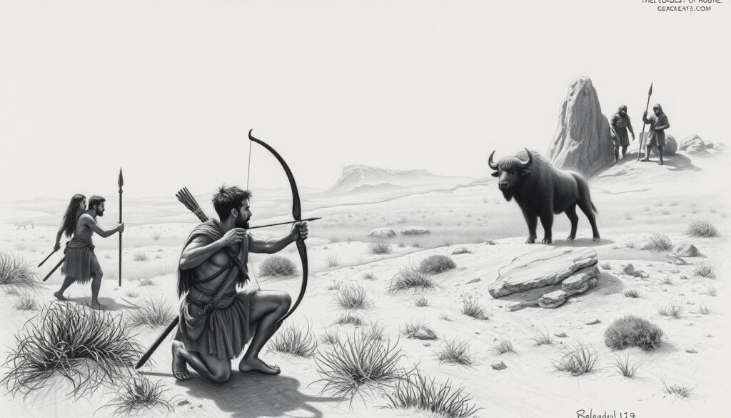 A prehistoric hunting scene unfolds, as a group of Paleolithic people employ ancient techniques to track and capture their prey. In the foreground, a skilled hunter crouches, bow drawn, eyes fixed on the distant target. Behind him, a companion readies a spear, poised to strike. The middle ground reveals the quarry, a majestic beast, captured in a moment of tense anticipation. In the background, the rugged terrain of the Stone Age landscape stretches, dotted with sparse vegetation and rocky outcrops. The image is rendered in a stark, graphite-like palette, with subtle flashes of color highlighting key elements, conveying the primordial essence of this primal hunting spectacle.