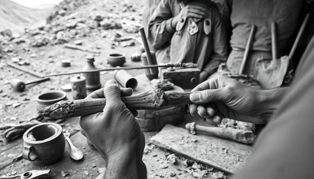 A prehistoric workshop scene, showcasing the revolutionary Schäftungstechnik. In the foreground, a skilled craftsperson meticulously attaches a stone tool to a wooden handle, their hands deftly wielding the primitive tools. The middle ground reveals the workshop, with various implements and materials scattered around a central workbench. The background features a rugged, natural landscape, hinting at the harsh conditions in which these early innovations emerged. The scene is rendered in a stark black and white palette, with selective pops of color highlighting the essential elements - the stone tool, the wooden handle, and the skilled movements of the artisan. The overall mood is one of primal ingenuity, capturing the pivotal moment when human creativity and problem-solving forever changed the course of history.