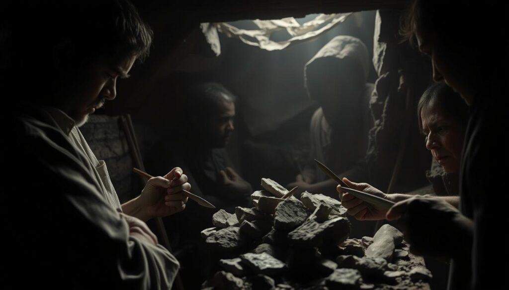 A prehistoric workshop where skilled artisans meticulously craft stone blades. In the dimly lit space, focused hands chip away at raw flint, revealing razor-sharp edges. The scene is captured in a moody black and white palette, with subtle pops of color highlighting the tools and materials. The craftsmen's faces are obscured, allowing the viewer to focus on the intricate process of blade making - the foundation of early human technological innovation. Dramatic shadows and soft, directional lighting create a sense of depth and atmosphere, transporting the viewer back to a time when these simple yet revolutionary tools were the pinnacle of human ingenuity.