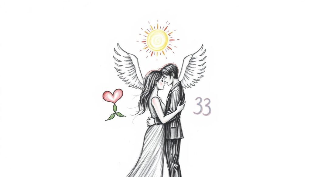 A romantic, hand-drawn, black and white illustration depicting the spiritual significance of the number 333 for relationships and love. In the foreground, two intertwined figures represent a loving couple, their embrace accented with soft, colorful highlights. In the middle ground, a series of symbolic elements - a heart, a pair of angel wings, a rising sun - convey the ideas of divine guidance, protection, and the blossoming of a sacred bond. The background features a starry night sky, creating a serene, introspective atmosphere. The overall style is evocative of a delicate pencil sketch, with a focus on the emotional, ethereal qualities of the subject matter.
