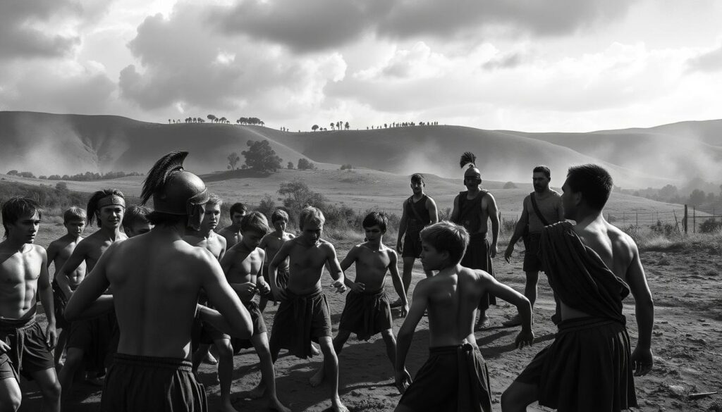 A rugged training ground in ancient Sparta, where young boys are forged into elite warriors. In the foreground, a group of youths engage in rigorous physical exercises, their lean bodies glistening with sweat under the harsh monochrome lighting. In the middle ground, instructors in crisp military uniforms oversee the training, offering stern corrections and encouragement. The background is a stark, minimalist landscape - rolling hills, a distant tree line, and a moody, charcoal sky punctuated by splashes of muted color. The overall mood is one of discipline, determination, and the unforgiving nature of Spartan military life.