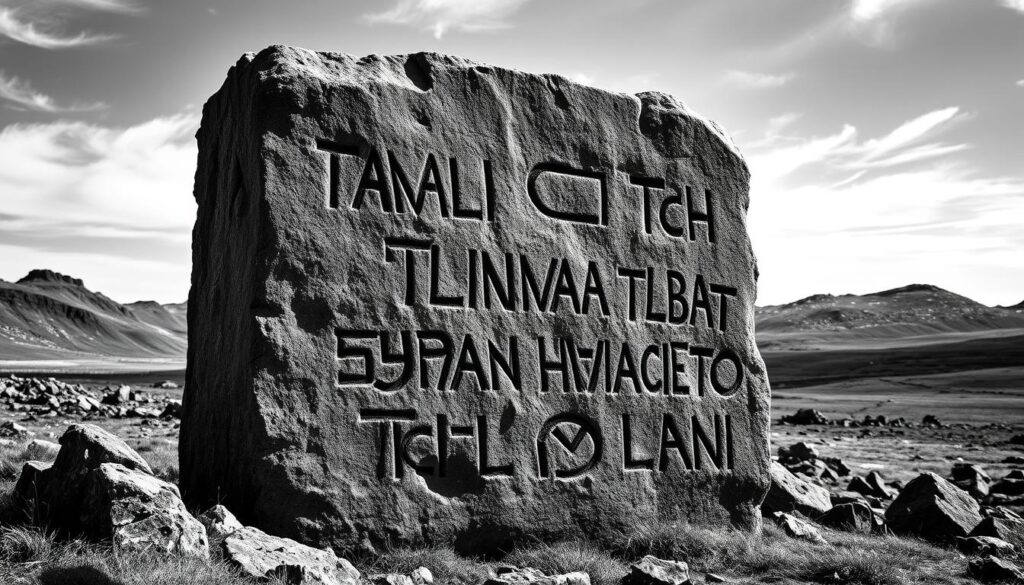 A rugged, weathered stone monument standing tall against a rugged, windswept landscape. The surface is etched with intricate runes, their enigmatic symbols hinting at ancient tales. Shadows play across the carved grooves, creating a sense of depth and mystery. The image is rendered in a striking black and white palette, with only the runes themselves subtly accented in shades of grey, lending an air of solemnity and antiquity. The overall composition conveys a powerful sense of history and the enduring legacy of this remarkable archaeological find.
