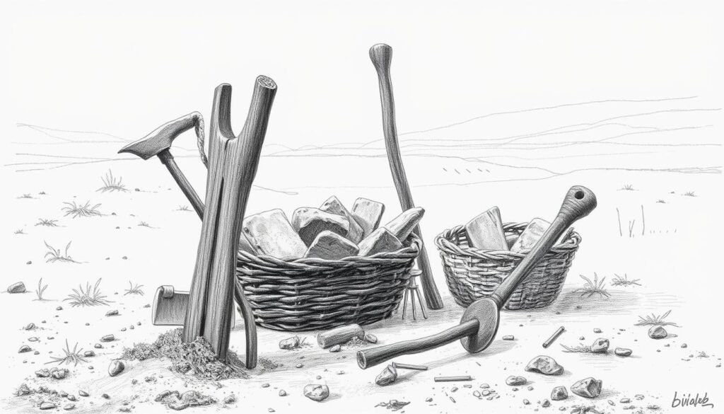 A rustic scene of agricultural tools from the Neolithic era. In the foreground, a hand-carved wooden plow, its blade chipped and weathered, stands ready for tilling the soil. Beside it, a woven basket overflows with stone hatchets, their edges sharpened for clearing land and harvesting crops. In the middle ground, a simple wooden rake and a stone-tipped digging stick suggest the primitive yet ingenious methods of early farming. The background fades into a hazy, pencil-sketched landscape, hinting at the vast expanse of uncharted land ready to be cultivated. The scene is rendered in stark black and white, with only the occasional splash of color highlighting the essential tools that enabled the first agricultural revolution.