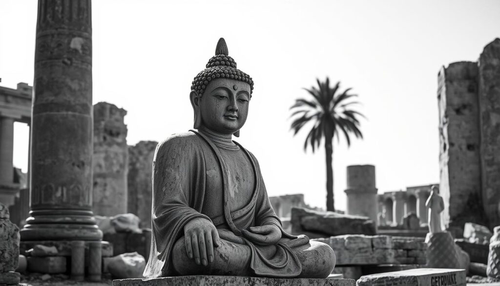 A serene Buddha statue sits amidst the ancient ruins of Berenike, an Egyptian port city. The weathered stone figure is illuminated by soft, diffused light, casting gentle shadows that accentuate its intricate details. The statue's tranquil expression and meditative pose evoke a sense of timeless wisdom, contrasting with the crumbling architecture that surrounds it. In the background, the faint outline of a palm tree sways, hinting at the region's lush, exotic setting. The scene is rendered in a striking black and white palette, punctuated by subtle splashes of color that draw the eye to the Buddha's serene countenance and the weathered textures of the site.