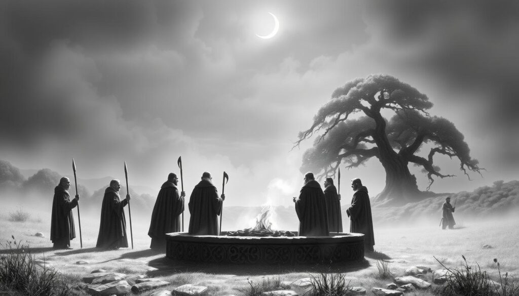 A serene Celtic landscape shrouded in a mystical mist, where a circle of Druid elders gather in contemplation, their robes and staffs casting elongated shadows. In the foreground, a stone altar adorned with intricate carvings and a flickering flame, while in the distance, ancient oak trees stand sentinel, their branches reaching skyward. The scene is rendered in a striking black and white palette, with subtle hints of color - the warm glow of the fire, the vibrant green of the foliage, and the glimmer of a crescent moon overhead, all coming together to evoke a sense of timeless spirituality and reverence for the natural world.