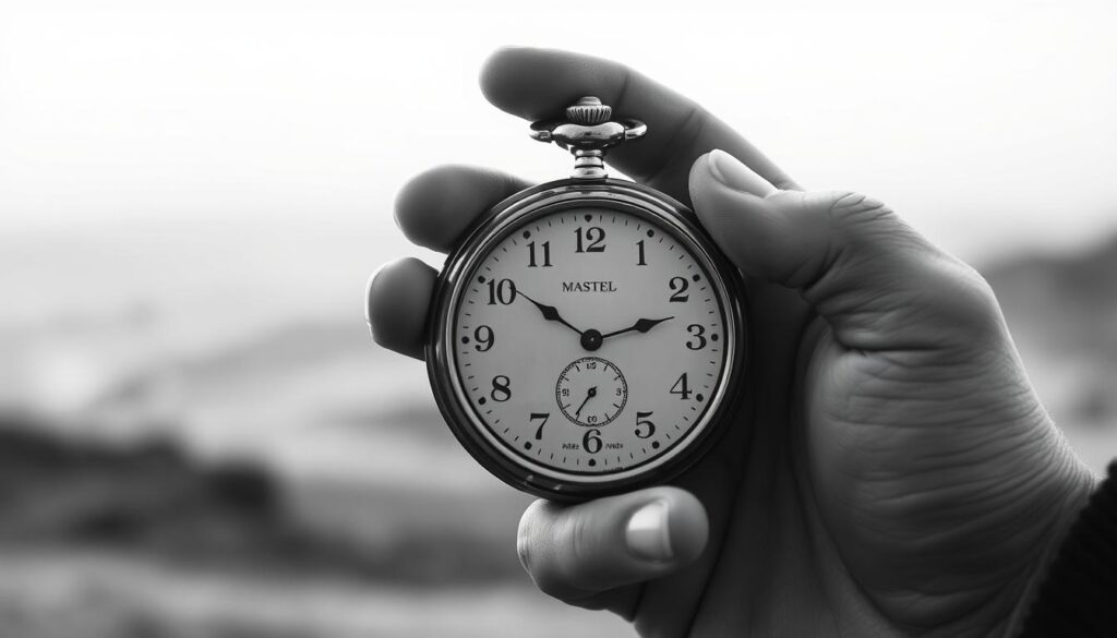 A serene and contemplative scene of a person's hand holding a pocket watch, the hands pointing to 16:16. The watch face is rendered in intricate detail, with subtle shades of gray and hints of color. The background is a soft, blurred landscape, with a distant horizon line and minimal details. The overall atmosphere is one of quiet reflection, suggesting the significance of this particular time and the potential for personal growth and transformation in one's career. The image is captured in a black and white palette with selective color accents, lending a sense of timelessness and emphasis on the core message.