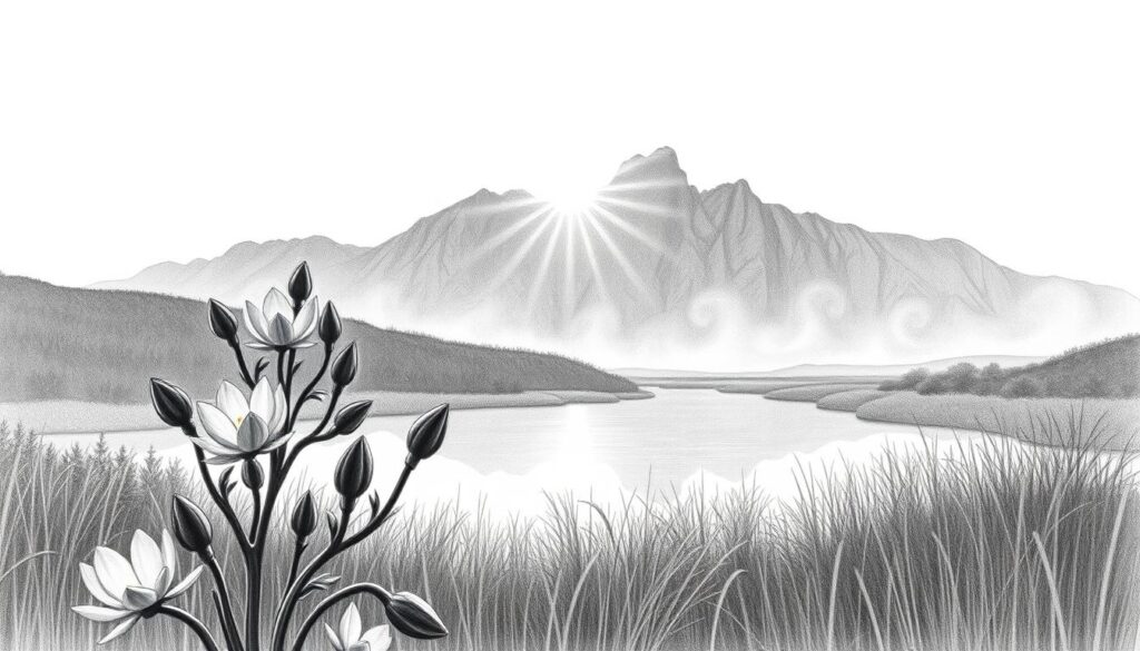A serene and meditative landscape, illuminated by the gentle glow of a rising sun. In the foreground, a delicate floral arrangement, petals unfurling in shades of black and white, with subtle hints of color peeking through. The middle ground features a tranquil pond, its surface reflecting the ethereal scene above. In the distance, a rugged mountain range stands tall, its peaks capped with swirling mists. The overall atmosphere conveys a sense of spiritual growth and renewal, as the 10:10 symbolism suggests a new beginning. Captured in a soft, pencil-like aesthetic, with a focus on the interplay of light and shadow.