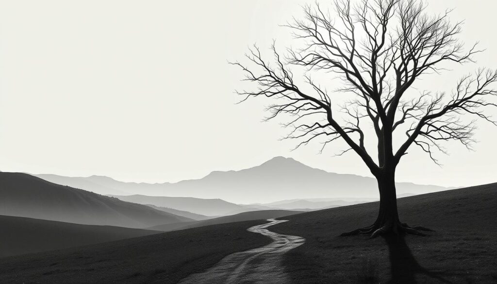 A serene and minimalist landscape depicting the transformative power of change. In the foreground, a large tree stands tall, its bare branches reaching skyward, symbolizing the shedding of the old. Soft, muted tones of gray and black create a contemplative atmosphere, punctuated by subtle bursts of color - a vibrant butterfly, a glimmering sliver of light, hinting at the promise of renewal. The middle ground features a winding path, leading the viewer towards a distant horizon, where the silhouette of a majestic mountain range rises, casting long shadows across the scene. An air of tranquility and anticipation pervades the image, inviting the viewer to reflect on the cyclical nature of transformation and the opportunities that lie ahead.