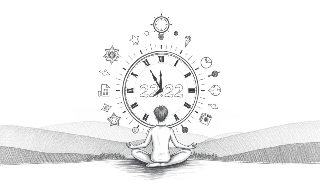 A serene and minimalistic illustration of the practical application of 22:22 energy in everyday life. A person in the foreground, drawn in black and white pencil, sits in a meditative pose, surrounded by subtly colored symbols and icons representing manifestation, synchronicity, and spiritual alignment. The middle ground features a stylized clock face with the 22:22 time prominently displayed, with rays of energy emanating outwards. The background depicts a calming, abstract landscape with muted tones, creating a sense of balance and tranquility. The overall composition conveys a meditative, introspective mood, inviting the viewer to explore the practical integration of this meaningful energy into their daily routines.