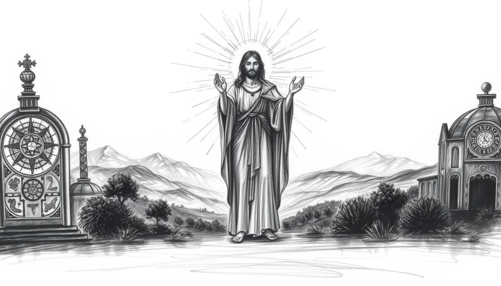 A serene biblical scene in a charcoal sketch style, with subtle pops of color. In the foreground, a central figure representing the divine, surrounded by intricate religious symbols and motifs. In the middle ground, a glowing celestial backdrop, with rays of light emanating from the central figure. In the background, a subtly detailed landscape, hinting at the sacred nature of the setting. The overall mood is one of reverence, enlightenment, and spiritual contemplation, conveying the profound significance of the number 333 in biblical teachings.