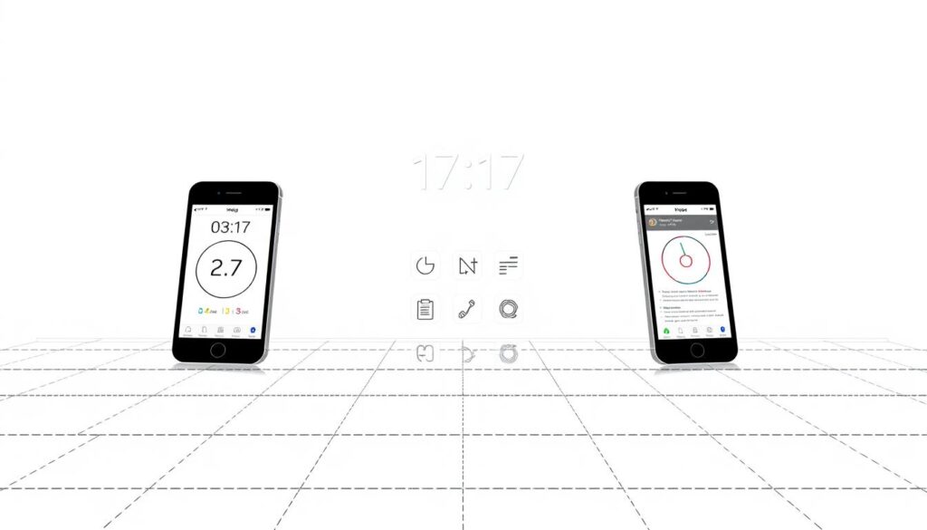 A serene, black-and-white illustration showcasing a side-by-side comparison of numerology apps. In the foreground, sleek mobile device silhouettes display app interfaces with minimalist designs and subtle color accents. The middle ground features neatly arranged app icons and infographic elements, hinting at the apps' features and capabilities. The background sets a calming, geometric backdrop with faint grid patterns and refined, textural details, evoking a sense of introspection and personal growth. The overall composition conveys a balanced, analytical approach to exploring the significance of the 17:17 time marker through a curated selection of numerology-focused digital tools.