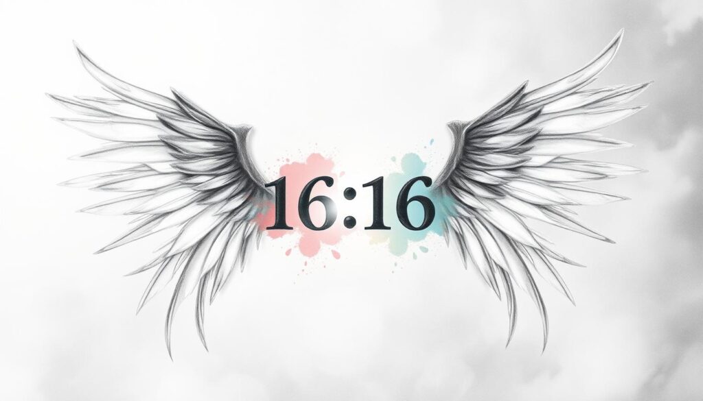 A serene, ethereal scene depicting the angelic number 16:16. In the foreground, a pair of delicate, feathered wings unfurl, their intricate details rendered in shades of graphite. Soft celestial light filters through a hazy, dreamlike backdrop, casting a warm glow over the composition. In the center, the number 16:16 appears, its digits formed by subtle splashes of color that seem to emanate a divine radiance. The overall atmosphere is one of tranquility and spiritual guidance, conveying the "Engelszahl" or "angel number" message of transformation and divine intervention. The image is executed in a restrained, minimalist black-and-white palette with deliberate pops of color, lending a sense of timelessness and reverence to the angelic symbolism.
