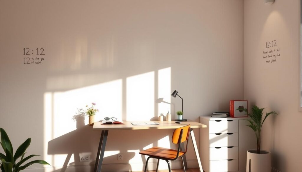 A serene home office, bathed in warm natural light, showcasing a harmonious integration of the 12:12 energy into the everyday. A simple desk with minimalist decor, accented by pops of vibrant color - a potted plant, a striking wall art piece. The scene exudes a sense of balance and mindfulness, with a neatly organized workspace and a cozy reading nook. Subtle pencil sketches on the walls depict the principles of the 12:12, guiding the viewer towards a more intentional, grounded lifestyle. Soft shadows and a muted color palette lend an air of tranquility, inviting the observer to find their own 12:12 rhythm within the peaceful domestic scene.