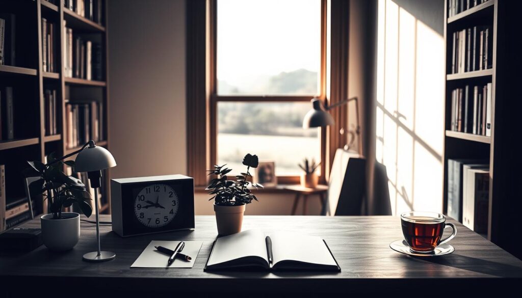 A serene home office with an analog clock showing 21:21. The desk is adorned with a plant, a notebook, and a cup of tea, all in a monochrome color palette with hints of color peeking through. The walls are lined with bookshelves, casting warm shadows across the scene. The lighting is soft and diffused, creating a meditative atmosphere. In the background, a window offers a glimpse of a peaceful, natural landscape, encouraging introspection and integration of the 21:21 experience into daily life.