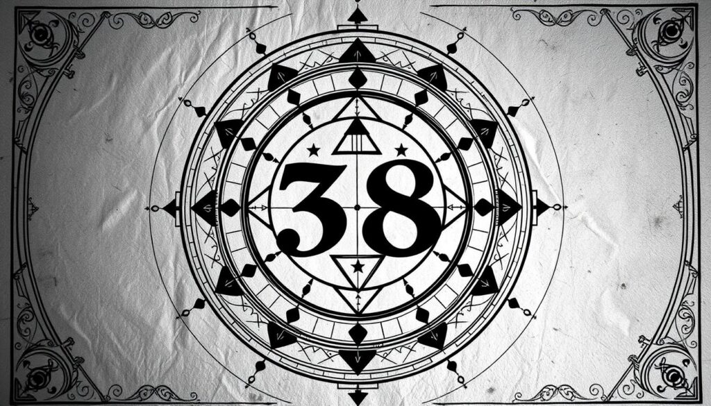 A serene, intricate numerical diagram in shades of black and white, with subtle bursts of color accentuating key elements. The central focus is the number "38", rendered in a bold, geometric style, surrounded by concentric circles, triangles, and other symbolic shapes. The background features a delicate, etched pattern that evokes the sense of an ancient manuscript or a mystical diagram. Dramatic shadows and highlights create depth and dimensionality, while the overall tone is contemplative and thought-provoking, inviting the viewer to delve into the hidden meanings and significance of the number 38 in numerology.