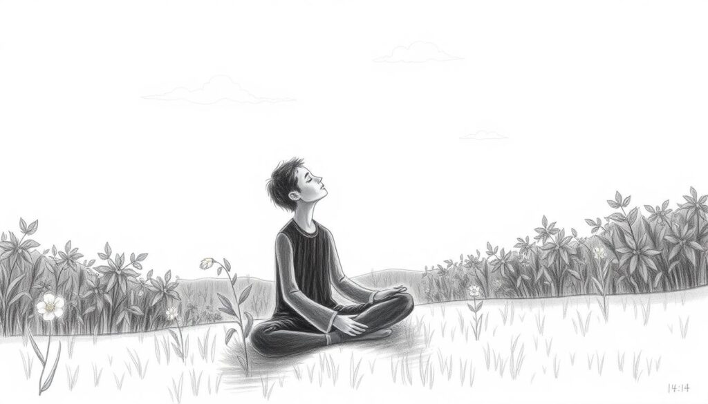 A serene, introspective scene depicting the concept of "Intuition stärken 14:14". A lone figure sits cross-legged in a tranquil meadow, surrounded by lush foliage and a softly lit sky. Wispy clouds drift overhead, casting gentle shadows. The figure's eyes are closed, their expression one of deep focus and inner calm. Soft, pencil-like shading accentuates the scene's monochromatic palette, save for subtle bursts of color - a single flower, a beam of golden light, a shimmer on the horizon. The overall mood evokes a sense of heightened awareness, a strengthening of intuition and self-trust on one's personal journey.