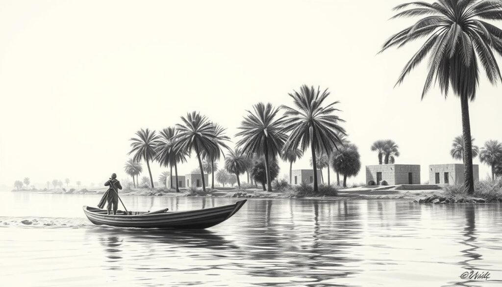 A serene landscape along the ancient Nile River, the lifeblood of Egypt's early civilization. Towering palm trees sway gently, their fronds casting delicate shadows across the gently flowing waters. In the foreground, a small boat glides by, its wooden hull painted in subtle shades of black and white, with splashes of color in the oars and trim. The riverbanks are dotted with simple mud-brick structures, their geometric forms standing in stark contrast to the lush vegetation surrounding them. The sky above is a soft, hazy gray, adding to the tranquil atmosphere. The overall scene is rendered in a striking monochromatic palette, with careful attention to light and shadow, creating a sense of timeless elegance and the enduring power of the Nile as the foundation of Egypt's early culture.