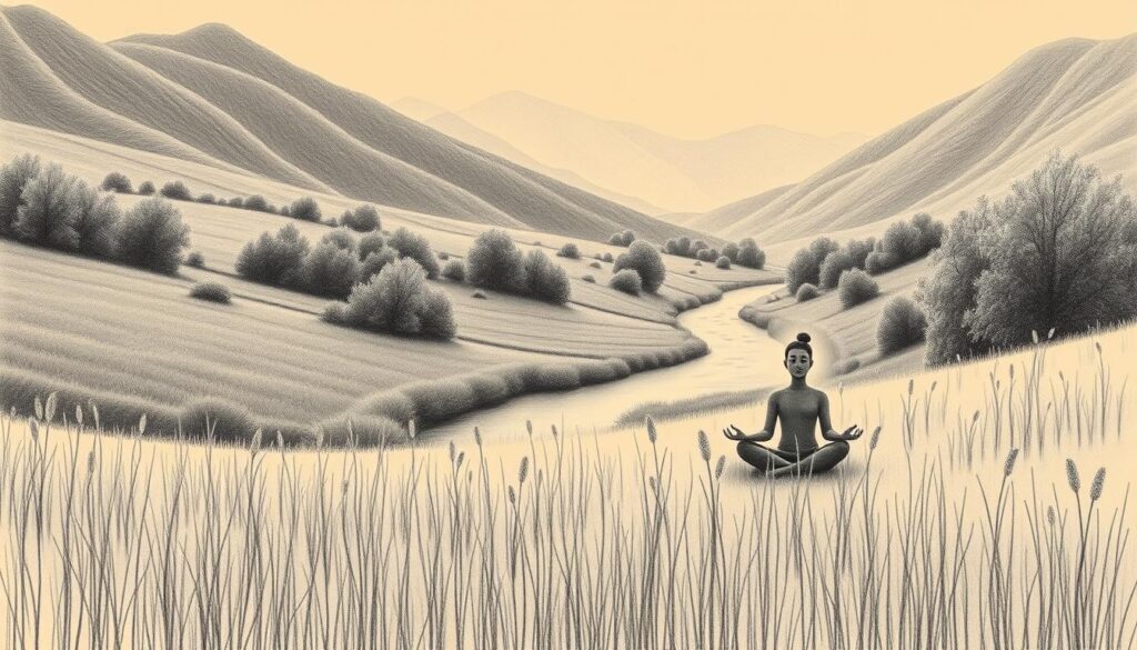 A serene landscape featuring a tranquil meadow with lush grass and wildflowers. In the foreground, a person sits cross-legged, their eyes closed in meditation, an aura of calm and focus surrounding them. In the middle ground, a gently flowing stream winds its way through the scene, its banks lined with verdant foliage. The background depicts rolling hills and mountains, their silhouettes bathed in a soft, golden light. The entire image is rendered in a muted, pencil-like monochromatic palette, save for the occasional pop of color in the wildflowers and the person's aura. The overall atmosphere is one of introspection, balance, and a connection to the natural world.