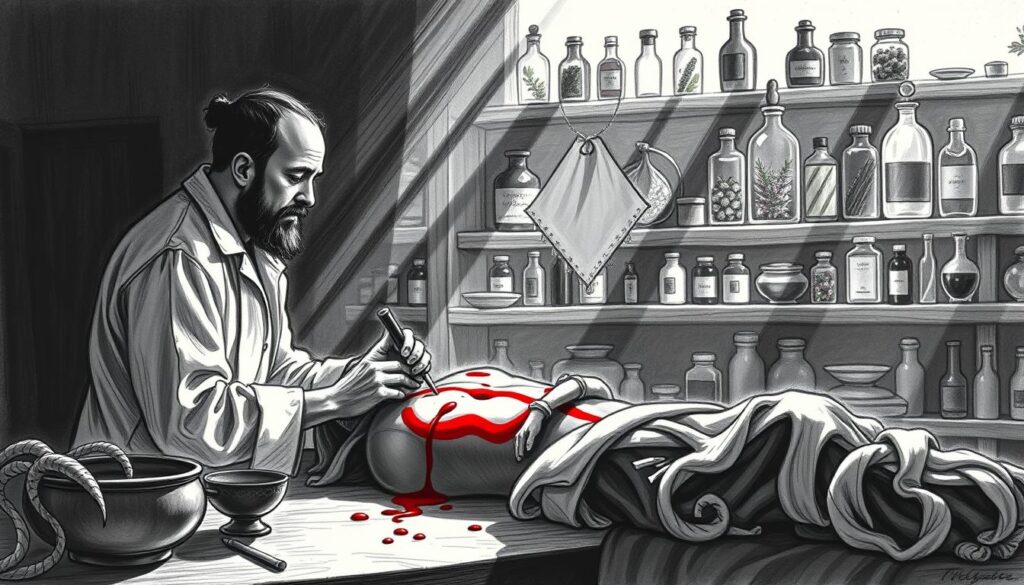 A serene medieval scene, a physician in a dimly lit chamber performs an intricate bloodletting procedure on a patient, the bright red droplets contrasting against the muted monochrome palette. In the background, shelves of apothecary jars filled with vibrant herbs and tinctures suggest the use of natural remedies. Soft, directional lighting casts dramatic shadows, evoking a sense of reverence and the weight of traditional healing methods. The composition is balanced, with the central figures in sharp focus, surrounded by the tools of the trade - leeches, bowls, and bandages - all rendered in a soft, sketchy style that heightens the historical atmosphere.