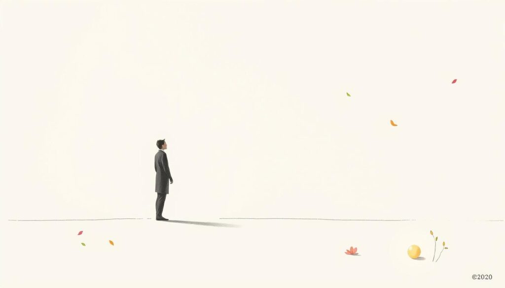 A serene, minimalist illustration depicting the concept of personal growth through the "20:20" philosophy. A central figure, rendered in muted tones, stands in a tranquil, contemplative pose against a subtly textured background. Soft, diffused lighting casts gentle shadows, creating a sense of depth and atmosphere. Scattered throughout the composition are small, strategically placed pops of color - a vibrant leaf, a glowing orb, or a delicate floral element - symbolizing the transformative journey of self-awareness and inner harmony. The overall aesthetic is one of balanced simplicity, inviting the viewer to reflect on the profound significance of the "20:20" perspective.