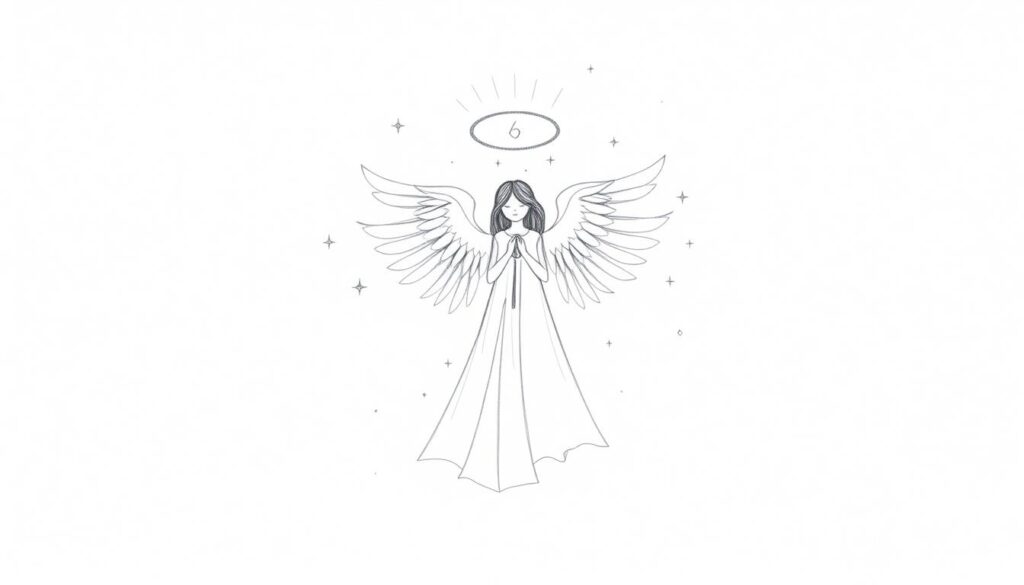 A serene, monochromatic illustration of an angel's number, drawn in delicate black-and-white pencil strokes with subtle pops of color. The composition features a central, ethereal angelic figure surrounded by a halo-like radiance, with symbolic numerical elements and celestial motifs floating gently in the background. The lighting is soft and diffused, creating a tranquil, meditative atmosphere. The overall style is minimalist yet evocative, inviting the viewer to discover their personal connection to the meaningful angelic numerology.
