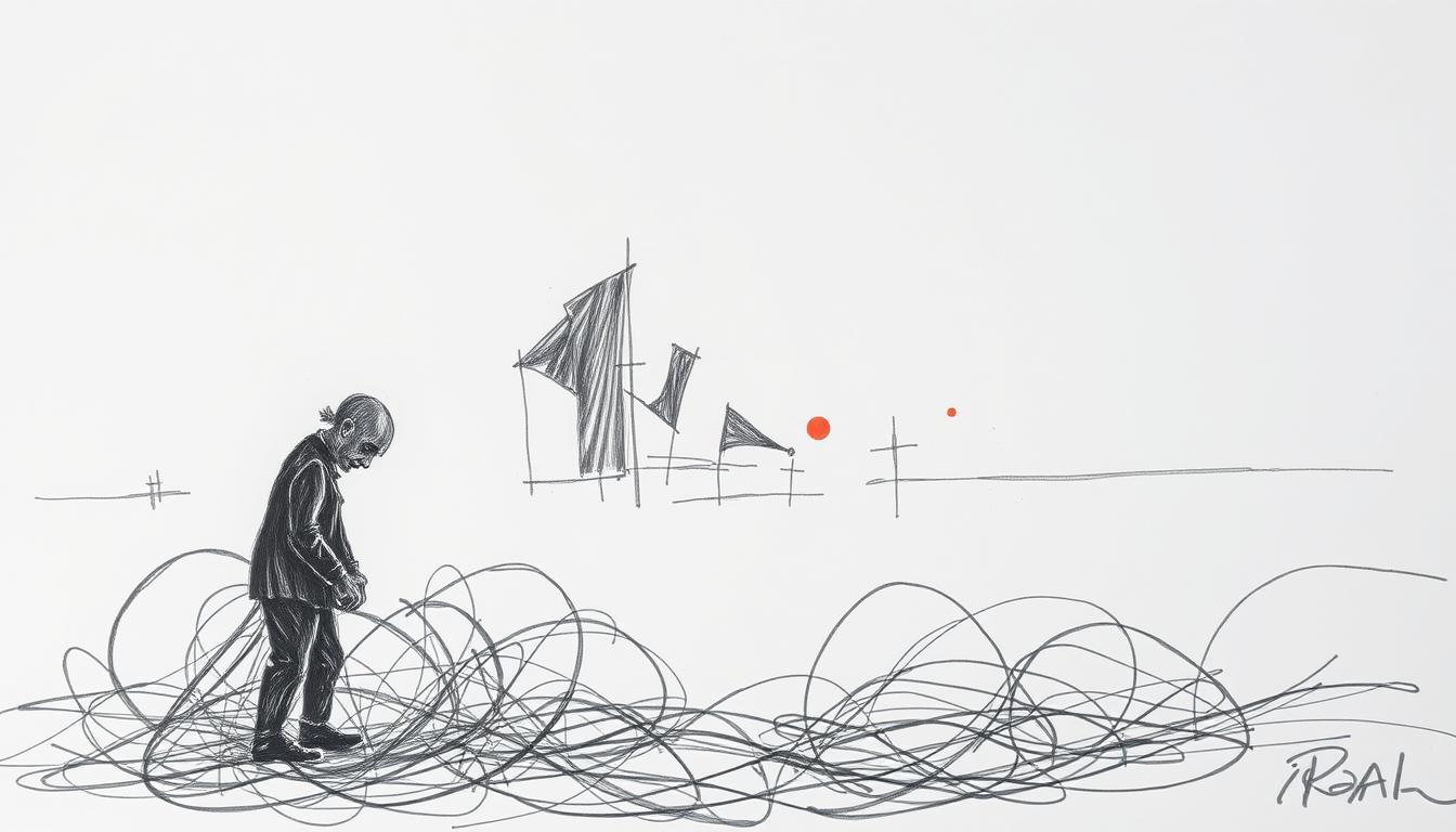 A shadowy, unfinished sketch depicts a failed compromise on military conscription. In the foreground, a weary, faceless figure stands amidst a tangle of haphazard lines, representing the breakdown of negotiations. The middle ground features abstract shapes and forms, hinting at the complexities and disagreements that led to the unsuccessful resolution. The background is a muted, monochromatic expanse, save for sparse, colored accents that draw the eye to specific points of tension. The overall mood is one of frustration, uncertainty, and a sense of unresolved conflict, rendered in a stark, graphite-like aesthetic with selective pops of color to heighten the sense of unfinished business.