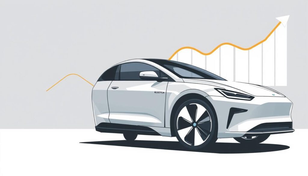 A sleek, modern electric vehicle in the foreground, with a graph depicting the growth trajectory of electric car sales in the background. The vehicle is rendered in a minimalist, technical style, with clean lines and a muted color palette. The graph uses a combination of black-and-white and vibrant accent colors to convey the data. The overall scene has a sense of progress, innovation, and environmental responsibility, reflecting the goals of the new government incentive program.