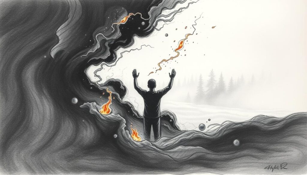 A softly-lit monochrome sketch depicting the transformation of negative energies. In the foreground, a figure emerges from a swirling mass of dark, amorphous shapes, their hands raised in a gesture of release. Surrounding them, shards of color - glowing embers, sparks, and flashes of light - break through the shadows, symbolizing the process of transmutation. The middle ground features a hazy, dreamlike landscape, hinting at an inner realm where this alchemical work takes place. In the background, the silhouettes of trees or mountains recede into the mist, creating a sense of depth and introspection. The overall tone is pensive and contemplative, with a focus on the individual's power to transform negativity into positive, life-affirming energy.