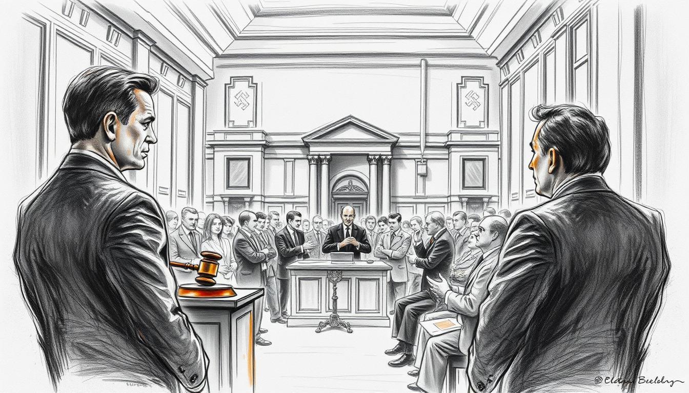 A solemn courtroom scene unfolds, the air thick with anticipation. In the foreground, the defendant, René Benko, stands before the judge, his expression somber. Detailed charcoal sketches capture the tension, with flashes of color highlighting key elements - the judge's gavel, the witness stand, the attentive audience. The middle ground reveals the legal proceedings, lawyers passionately arguing, evidence carefully scrutinized. In the background, the grand architecture of the courthouse looms, its imposing presence casting a pensive shadow over the proceedings. The overall tone is one of gravity, the high-stakes nature of the trial palpable in every stroke of the pencil.