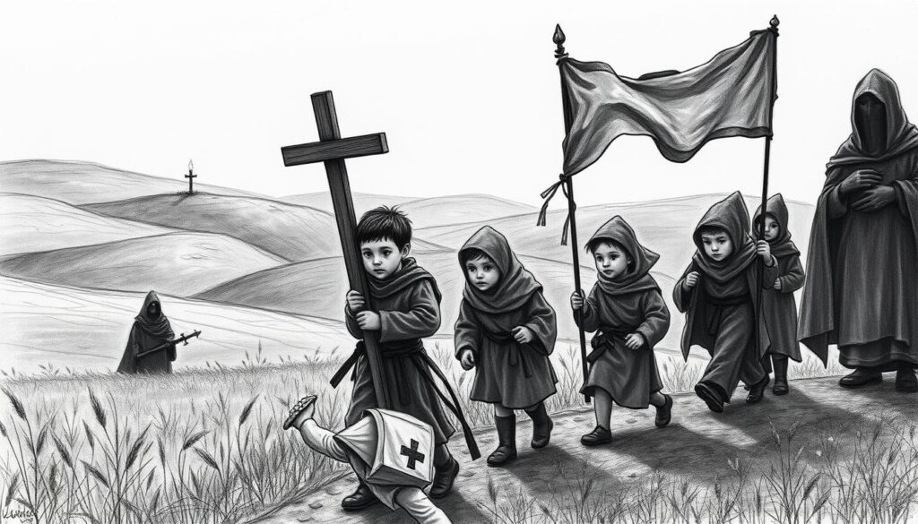 A solemn procession of young children, their faces etched with determination, marches through a landscape of rolling hills and gray skies. In the foreground, a small figure carries a simple wooden cross, its stark lines a testament to their unwavering faith. Shadowy figures, vague and foreboding, linger in the background, hinting at the tragedy that will soon unfold. The scene is rendered in a striking black-and-white palette, punctuated by subtle pops of color - a tattered banner, a single flickering candle, the glint of a sword. A sense of melancholy and historical weight permeates the image, capturing the doomed innocence of the Children's Crusade.