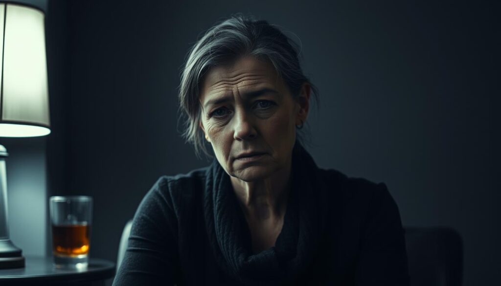 A solitary, pensive woman sits in a dimly lit room, her face illuminated by the soft glow of a lamp. Her expression is one of weariness, the weight of her struggles evident in her posture. The background is blurred, hinting at the isolation and personal turmoil she faces. Shades of gray and black dominate the scene, with only the slightest touch of color - a glass of amber liquid, a reminder of the demons she battles. The lighting is stark, casting dramatic shadows that accentuate the hollowness in her eyes. This is a portrait of a woman's private struggle, a glimpse into the personal challenges that have marked her life.